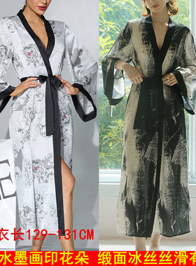 冰丝超长睡袍茶花卉印花缎面仿真丝女长袖和服浴袍银灰色黑色包边