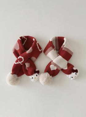 2025新款新年红色针织儿童围巾女孩卡通造型毛球装饰可爱保暖围脖