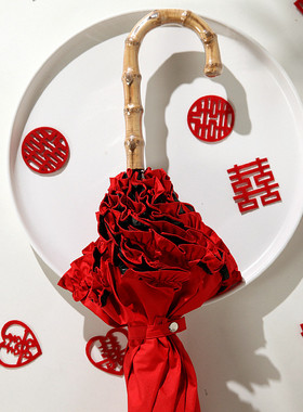 浮羽嫁衣大红伞 复古竹柄长杆伞结婚伞大红色蕾丝遮阳裙边新娘伞