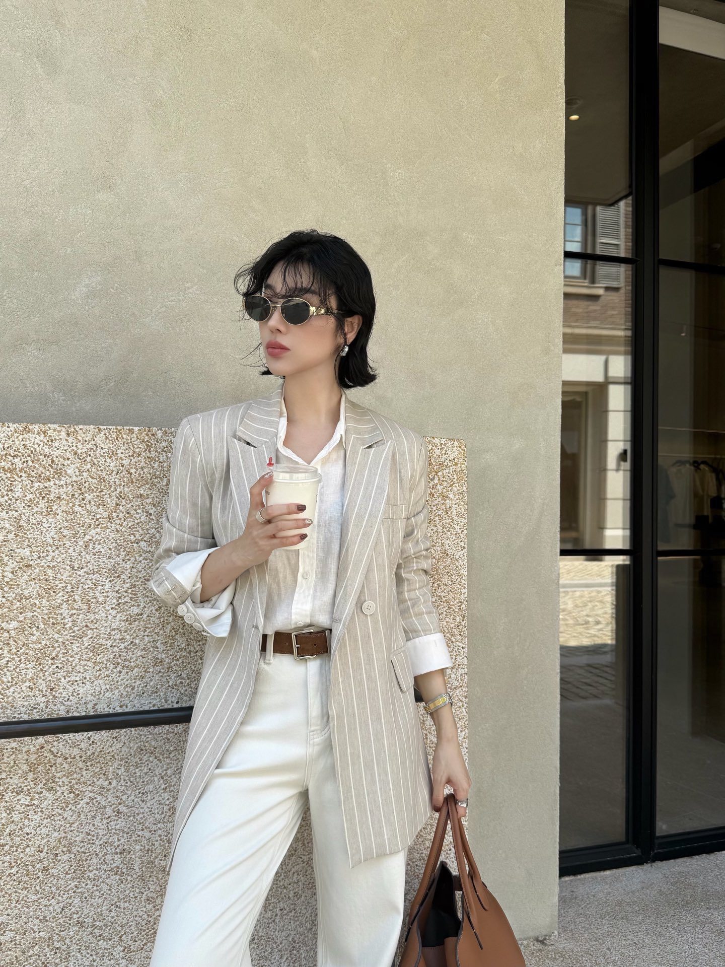 捡漏！断码特价天然亚麻翻领时尚条纹西装中长衣服外套女