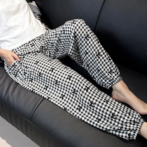 夏季新款棉绸睡裤女夏人造棉薄款绵绸灯笼裤可外穿防蚊裤沙滩长裤