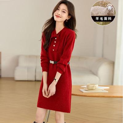 小个子红色连衣裙2024新款女秋冬中长款配大衣羊毛针织打底毛衣裙
