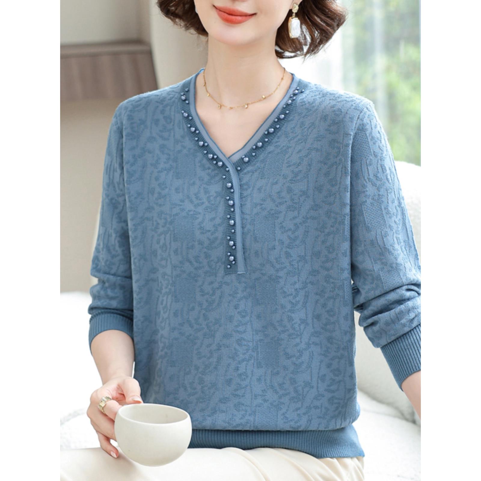 春秋洋气高贵妈妈宽松薄款针织t恤加肥加大码中老年女装冰丝上衣