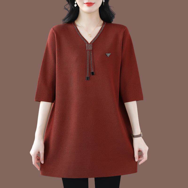 春秋季新款大码针织桑蚕丝T恤女中长款宽松时尚V领高档冰丝显瘦女