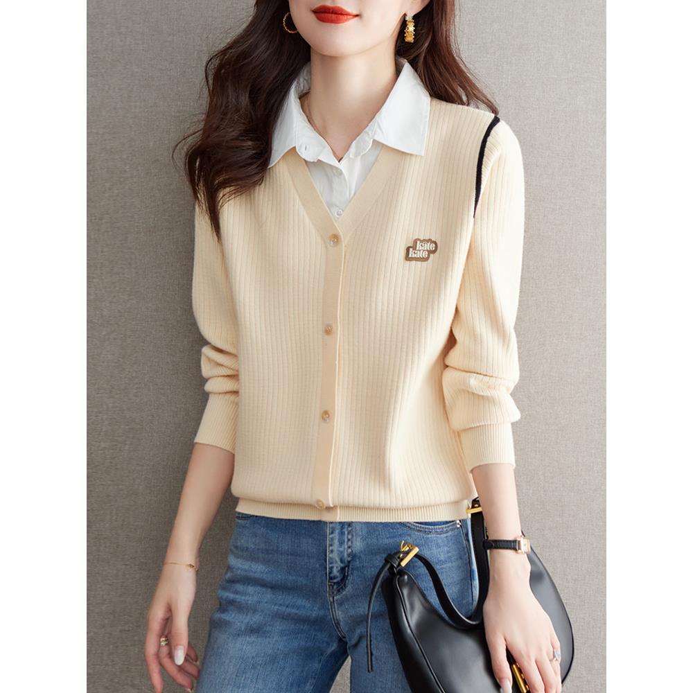 秋季2024新款女装气质衬衫领针织衫宽松长袖假两件上衣毛衣打底衫