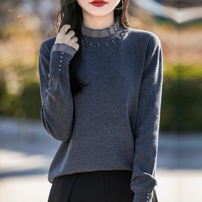 蕾丝打底衫女春秋2025新款洋气针织上衣大码女装秋冬内搭钉珠毛衣