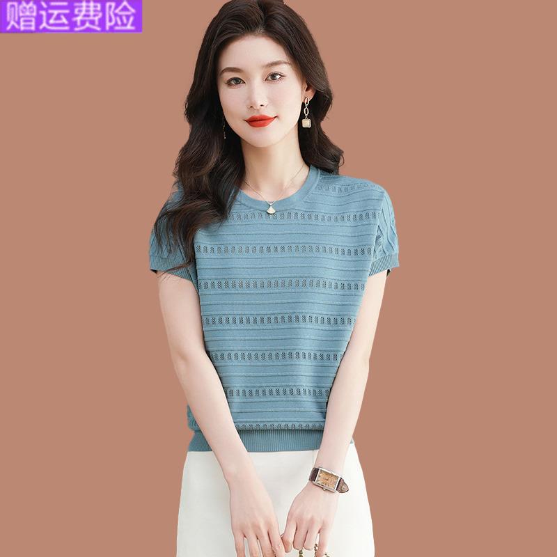 冰丝短袖t恤女短款夏季新款爆款针织衫气质上衣镂空薄款紫色小衫