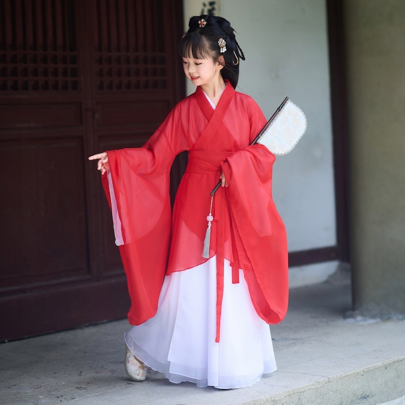红色汉服女童战国袍直裾大袖衫2025新款魏晋风交领仙气国风演出服
