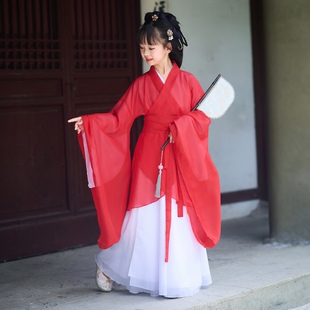 红色汉服女童战国袍直裾大袖衫2025新款魏晋风交领仙气国风演出服