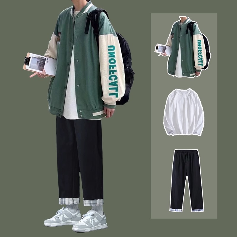 春秋美式棒球服套装男士帅气潮流刺绣夹克一套男装搭配休闲三件套