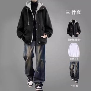 宽松毛呢大衣男装 假两件连帽外套男士 韩版 春秋季 高级感穿搭潮 套装