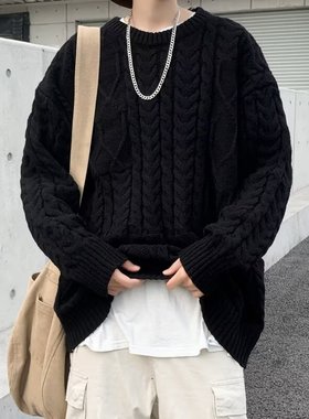 黑色麻花毛衣男女简约秋冬季鹿毛绒套头针织衫潮宽松线衣内搭