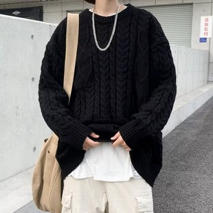 鹿毛绒套头针织衫 黑色麻花毛衣男女简约秋冬季 潮宽松线衣内搭