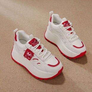 新款 女2026春季 7CM增高拼色厚底系带皮面老爹鞋 时尚 万达撤柜