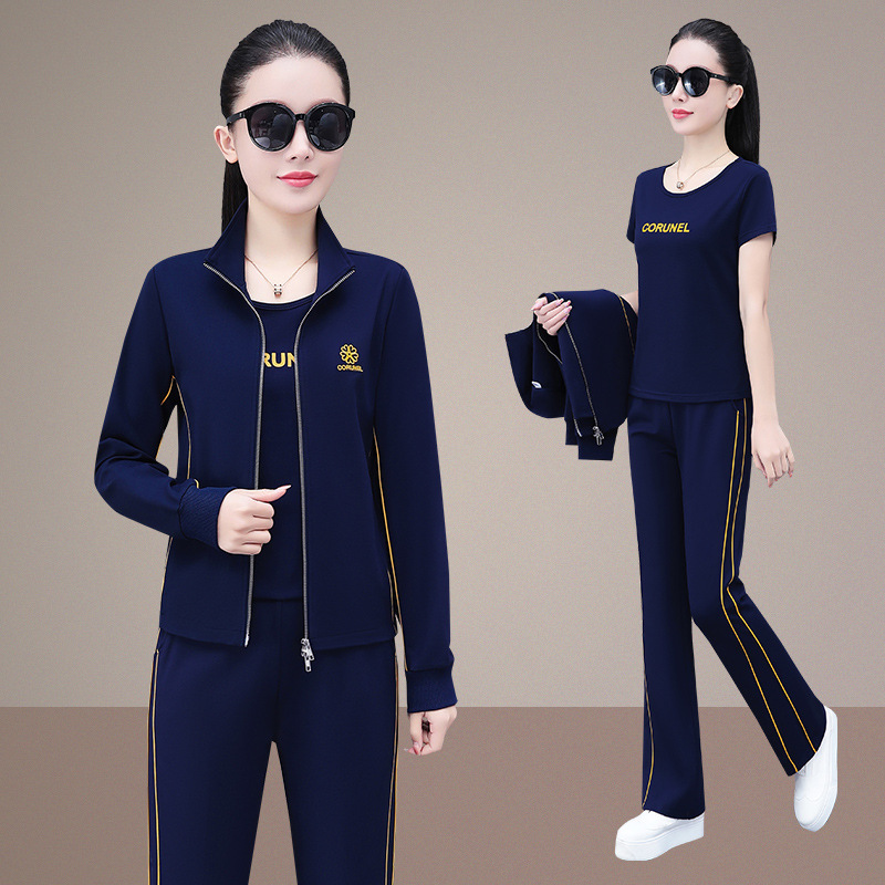 乔舟瓒运动服套装女士秋季新款休闲显瘦宽松直筒裤三件套时尚立领