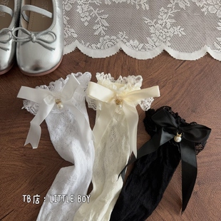 春夏女童袜子薄款女孩镂空蕾丝黑白绸缎大蝴蝶结珍珠饰品中筒袜潮
