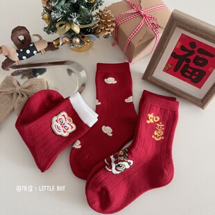 儿童马年红色袜子26年新款 男女童过年绒感加厚红羊毛袜宝宝新年袜