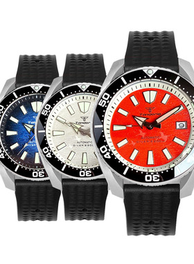 Tandorio不锈钢机械手表男士NH35 防水手表黑色华夫格表带橙面