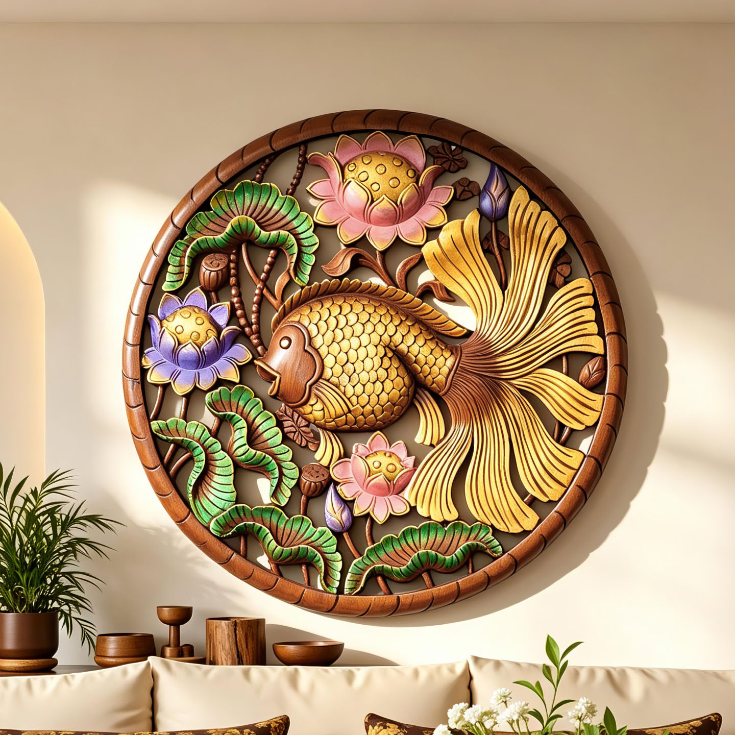 泰国木雕工艺品壁挂装饰画鲤鱼雕花板客厅圆形玄关背景墙装饰壁挂