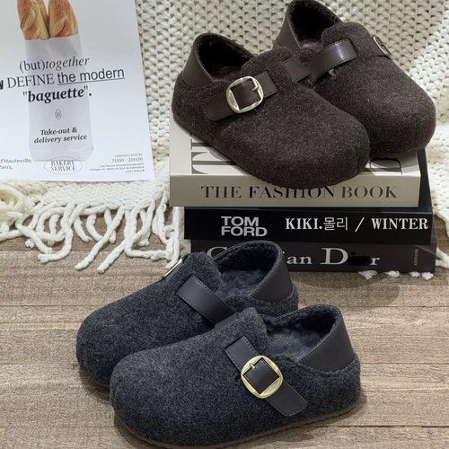 全包毛呢勃肯鞋女平底加绒单鞋女2025秋新款外穿懒人鞋拖鞋