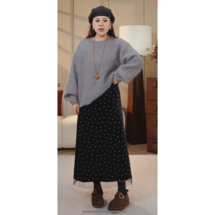 加绒柔软波点黑色丝绒半身裙网纱拼接女高腰垂感遮胯中长款 裙子