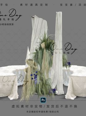 C151小众野生绿紫色婚礼布幔合影区花艺效果图psd素材布幔造型