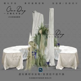 C151小众野生绿紫色婚礼布幔合影区花艺效果图psd素材布幔造型
