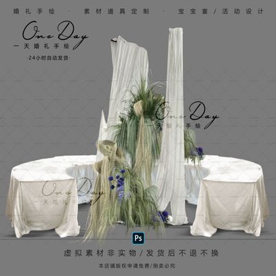 C151小众野生绿紫色婚礼布幔合影区花艺效果图psd素材布幔造型