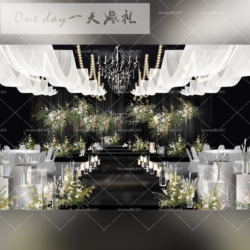 C009韩式婚礼效果图/白绿色韩式婚礼/婚礼吊顶/水晶婚礼psd源文件