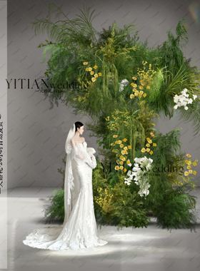 a264黄绿色野生感小众婚礼花艺拱门素材psd文件泰式户外婚礼设计