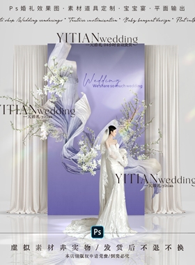 c249蓝紫色小众小预算kt纸花婚礼效果图psd文件雪柳花艺布幔韩式