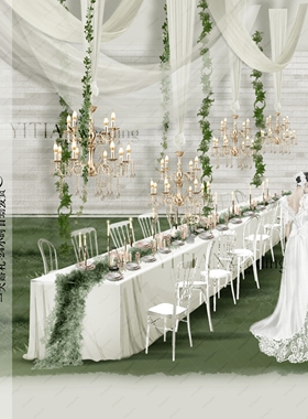 c195婚礼长桌布置效果图psd分层文件白绿色户外布幔婚礼效果图