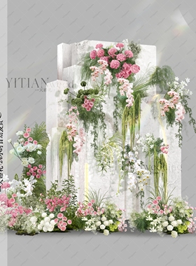 c236绿粉色泡雕造型婚礼设计效果图psd文件泡雕柱子小众水晶婚礼