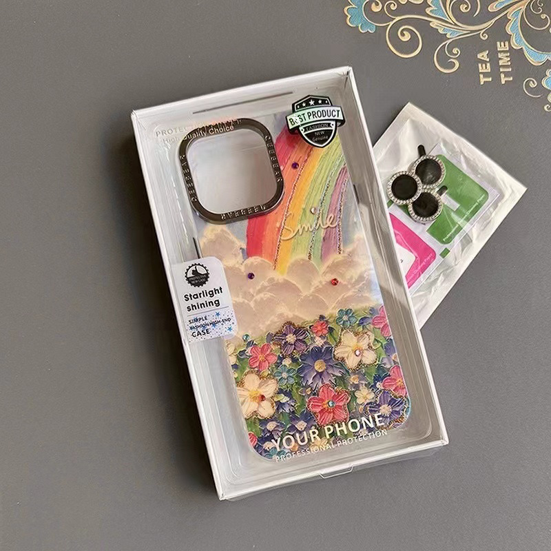 风禹家 彩虹花朵适用于iPhone16promax手机壳套油画蓝光带钻的壳