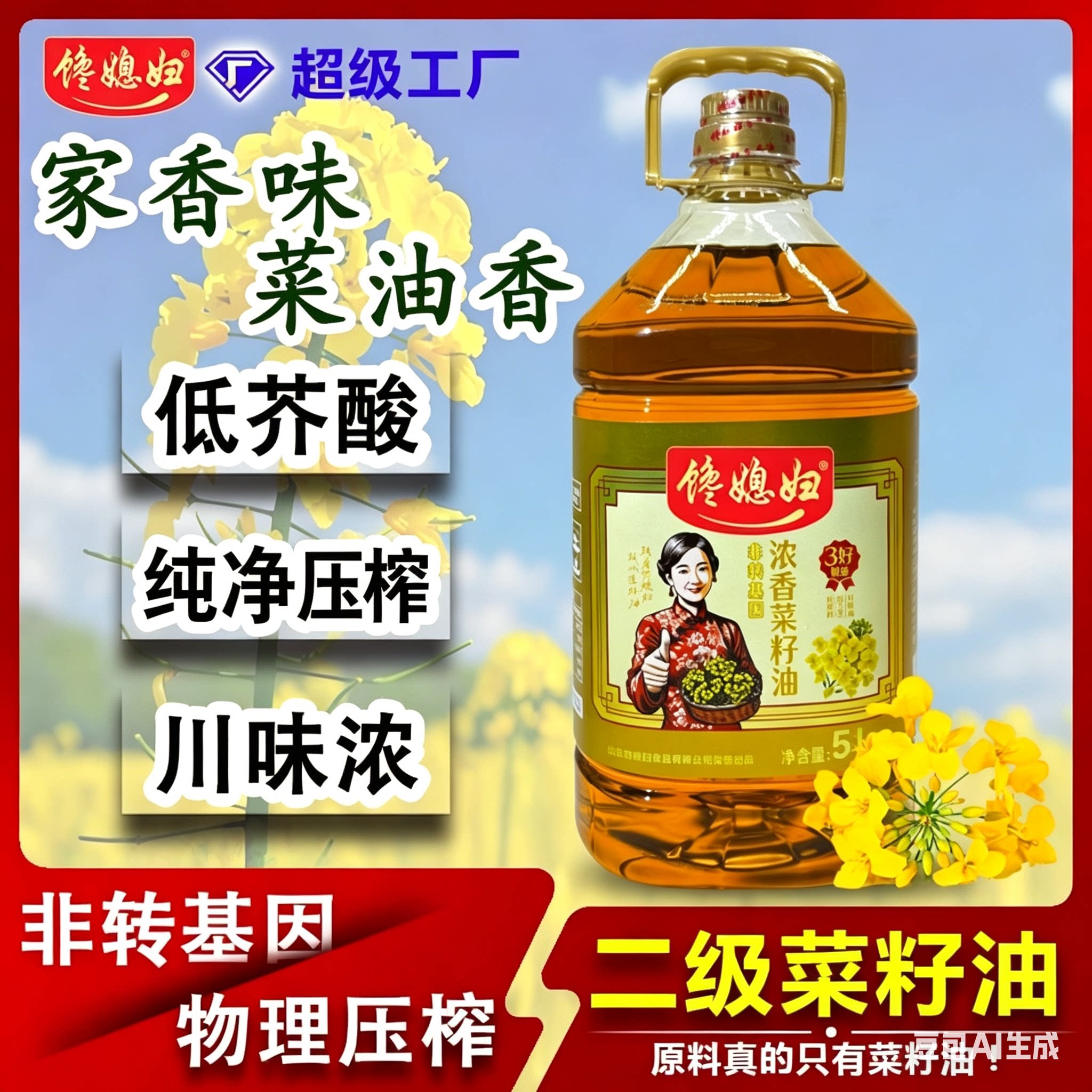 非转基因低芥酸5L菜籽油家用二级浓香物理压榨食用植物油餐饮炒菜