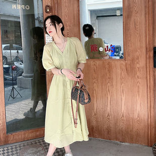简约微胖MM遮肚子连衣裙女小个子气质高腰遮肉定制大码 法式 裙子夏