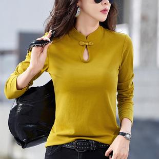 新中式纯棉立领国风长袖t恤女秋冬新款高端打底衫配马面裙的上衣