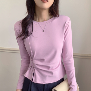 褶皱收腰显瘦内搭别致上衣 新款 纯色圆领下摆开叉长袖 T恤女春秋季