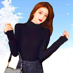 螺纹棉内搭保暖t恤女秋拇指洞连手指上衣显瘦手套护指纯棉打底衫