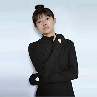 纯棉初高中小学生高领打底衫男女扣穿手指洞上衣内搭手套袖打底衣