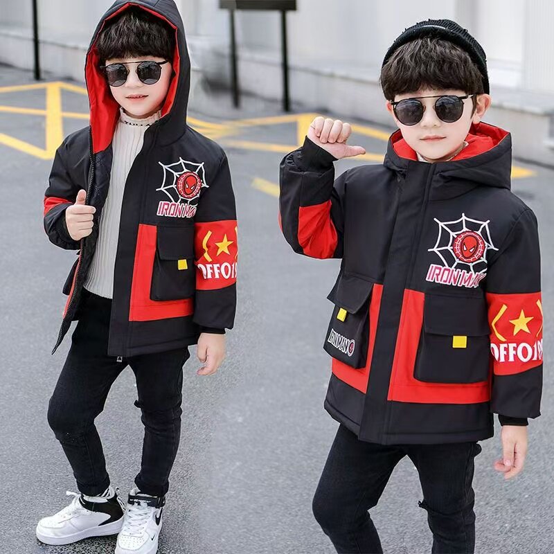 男童蜘蛛侠衣服加厚连帽羽绒棉服2025冬儿童棉衣中大童棉袄外套女