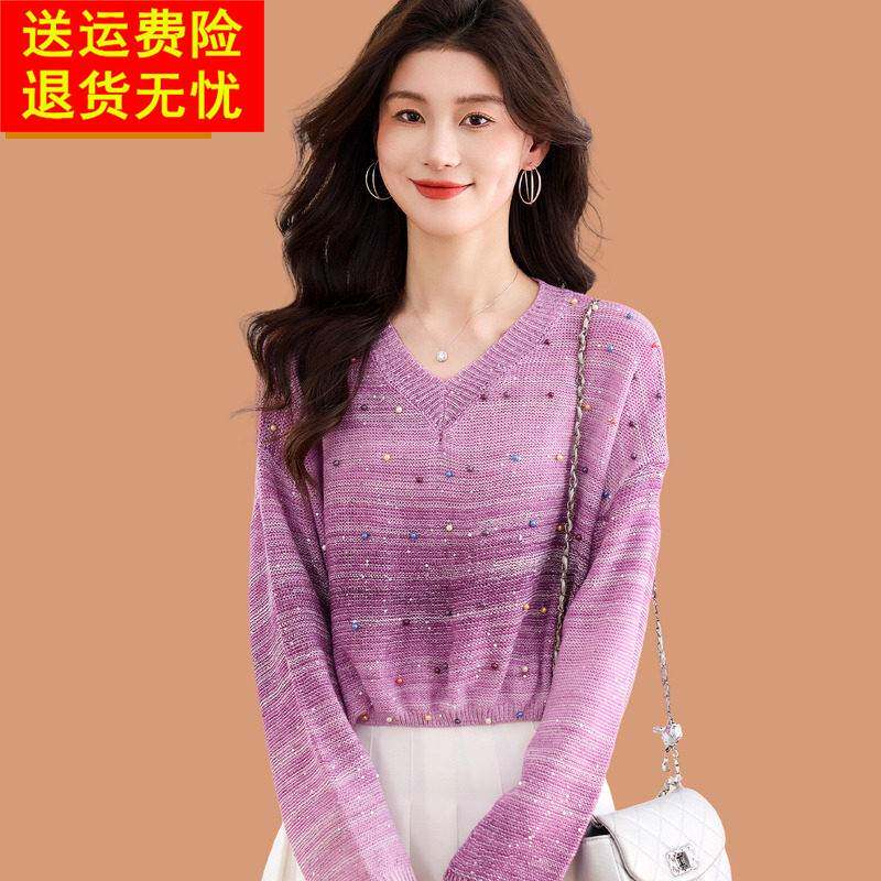 桑蚕丝鸡心领针织衫女薄款2026新款春季小个子精致短款上衣配裙子