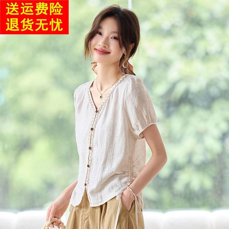 2025夏季新款法式V领气质棉麻短袖t恤女设计感超好看抽绳亚麻衬衫