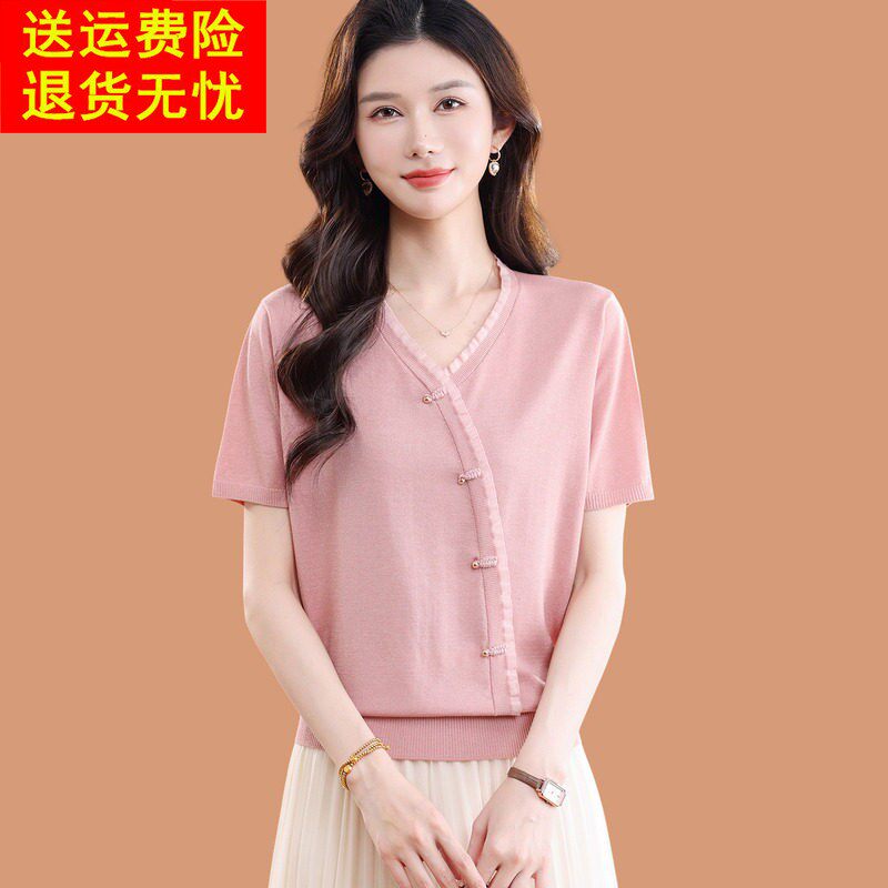v领蕾丝边短袖t恤女2026新款洋气妈妈宽松薄款冰丝针织打底衫上衣