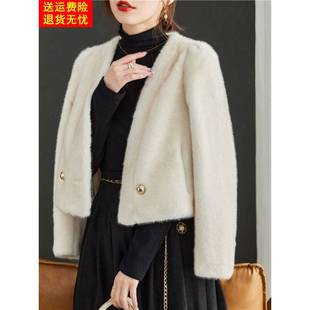 高腰加厚软糯皮毛一体外套女2025秋冬小个子短款V领彷水貂绒上衣