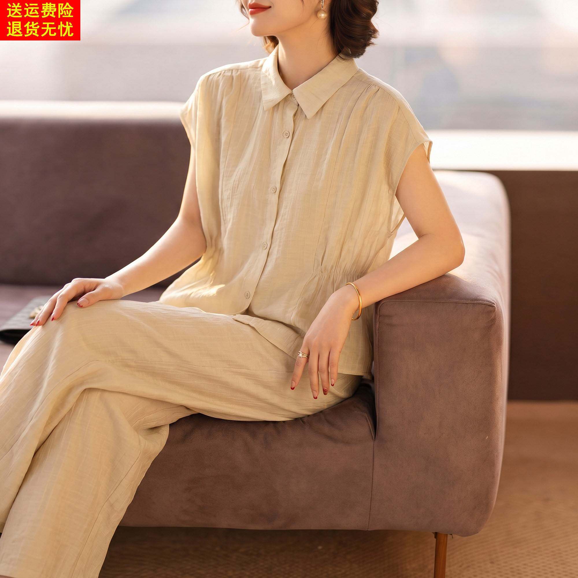 短款时尚翻领衬衫阔腿裤两件套中老年女妈妈夏装雪纺衫洋派质套装