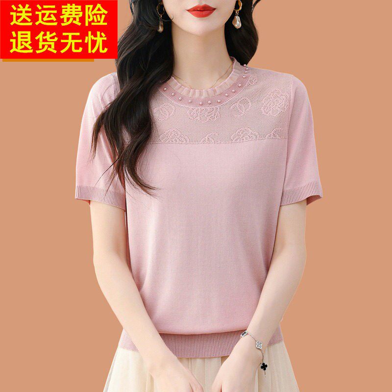 品牌真丝短袖t恤女镂空蕾丝钉珠大码女装夏季薄款冰丝针织衫上衣