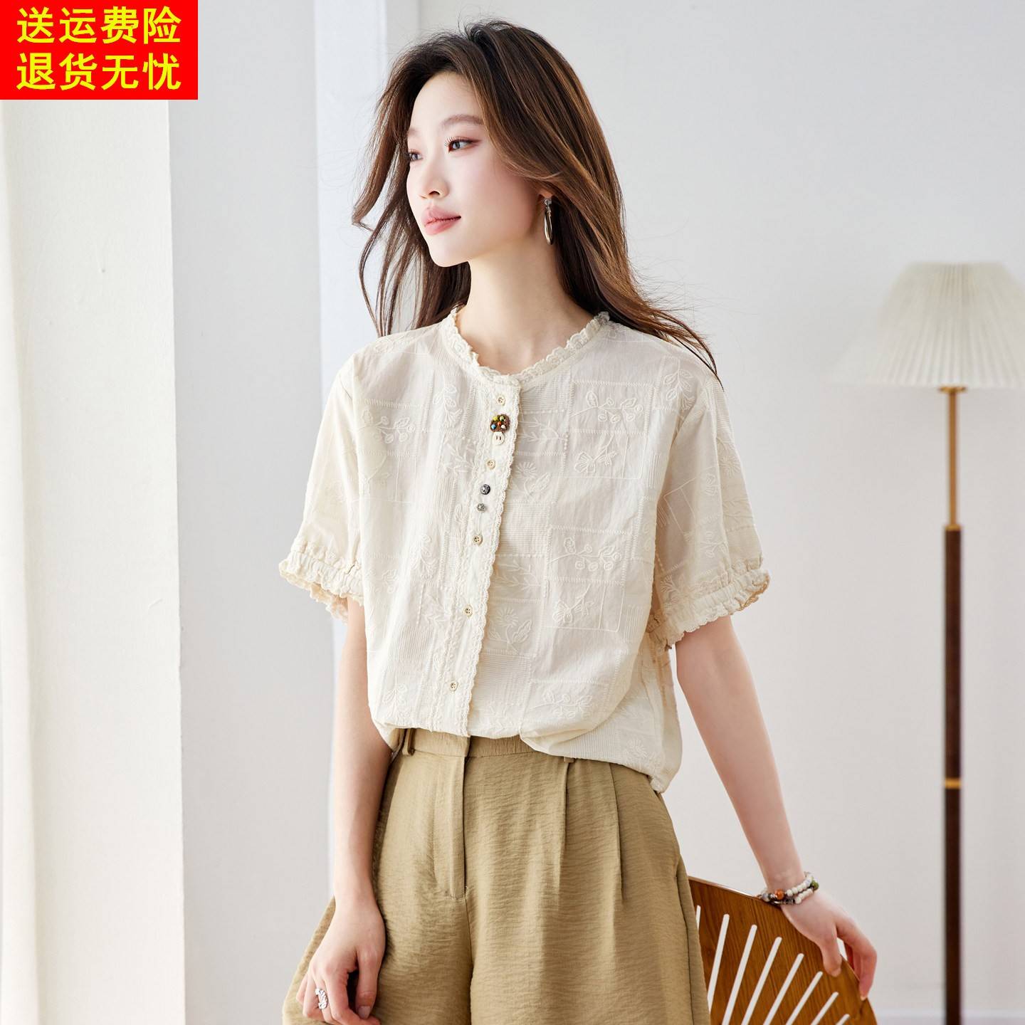 2026夏季新款宽松刺绣纯棉短袖T恤女立体装饰单排扣衬衫通勤百搭