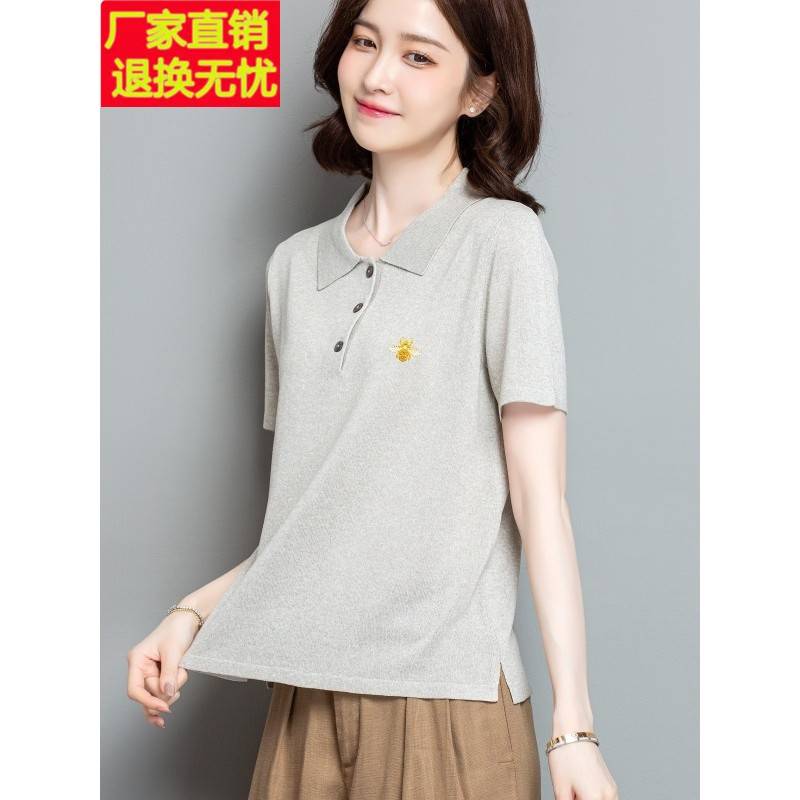 新款小个子Polo衫冰丝短袖t恤女薄款针织上衣短款宽松时尚娃娃领