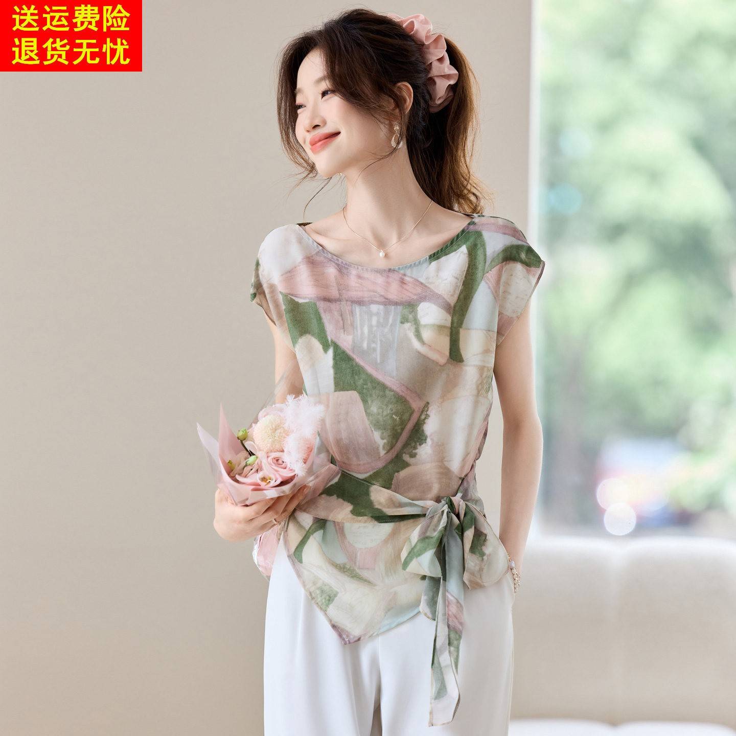 法式雪纺短袖衬衫女2025夏季新款小众设计感衬衫印花系带收腰上衣